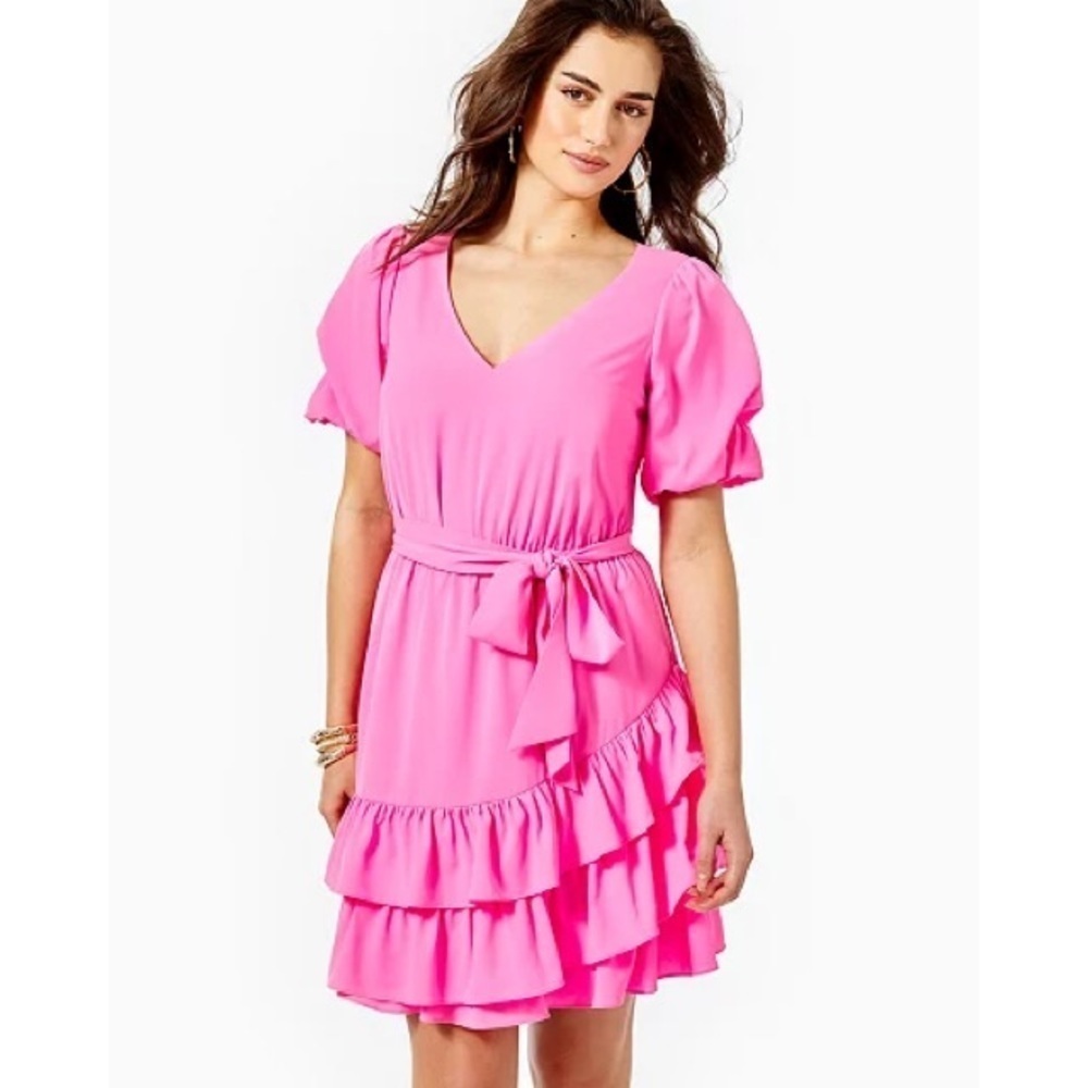 Lilly Pulitzer Martha Pink Stretch Ruffle Midi Short Sleeve Dress EUC Size 10 - Picture 2 of 11